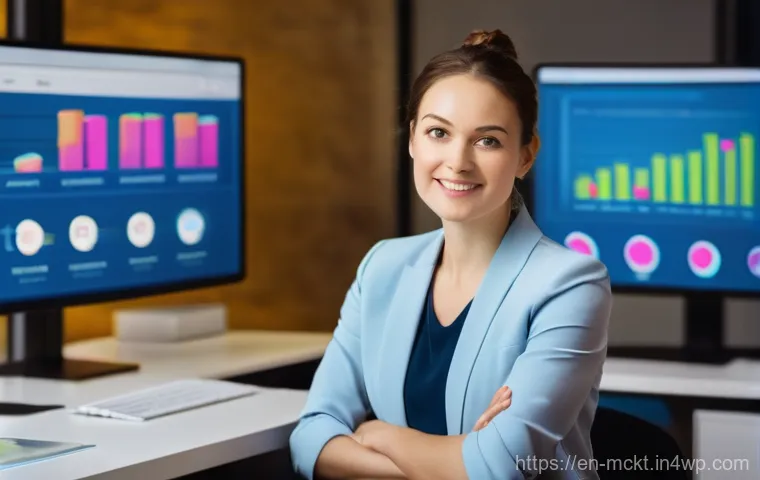 이메일 마케팅 자동화 통계와 데이터 활용 - **Prompt:** A dynamic, brightly lit digital workspace where a focused email marketing professional (...