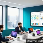 이메일 마케팅 자동화에서의 성과 개선 사례 - A modern digital marketing workspace featuring a diverse team of professionals collaborating around ...