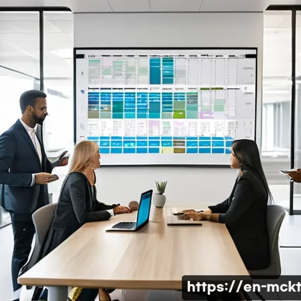 이메일 마케팅 자동화의 효과적인 캘린더 관리 - A modern office setting with a diverse team of marketing professionals gathered around a large digit...