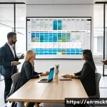 이메일 마케팅 자동화의 효과적인 캘린더 관리 - A modern office setting with a diverse team of marketing professionals gathered around a large digit...