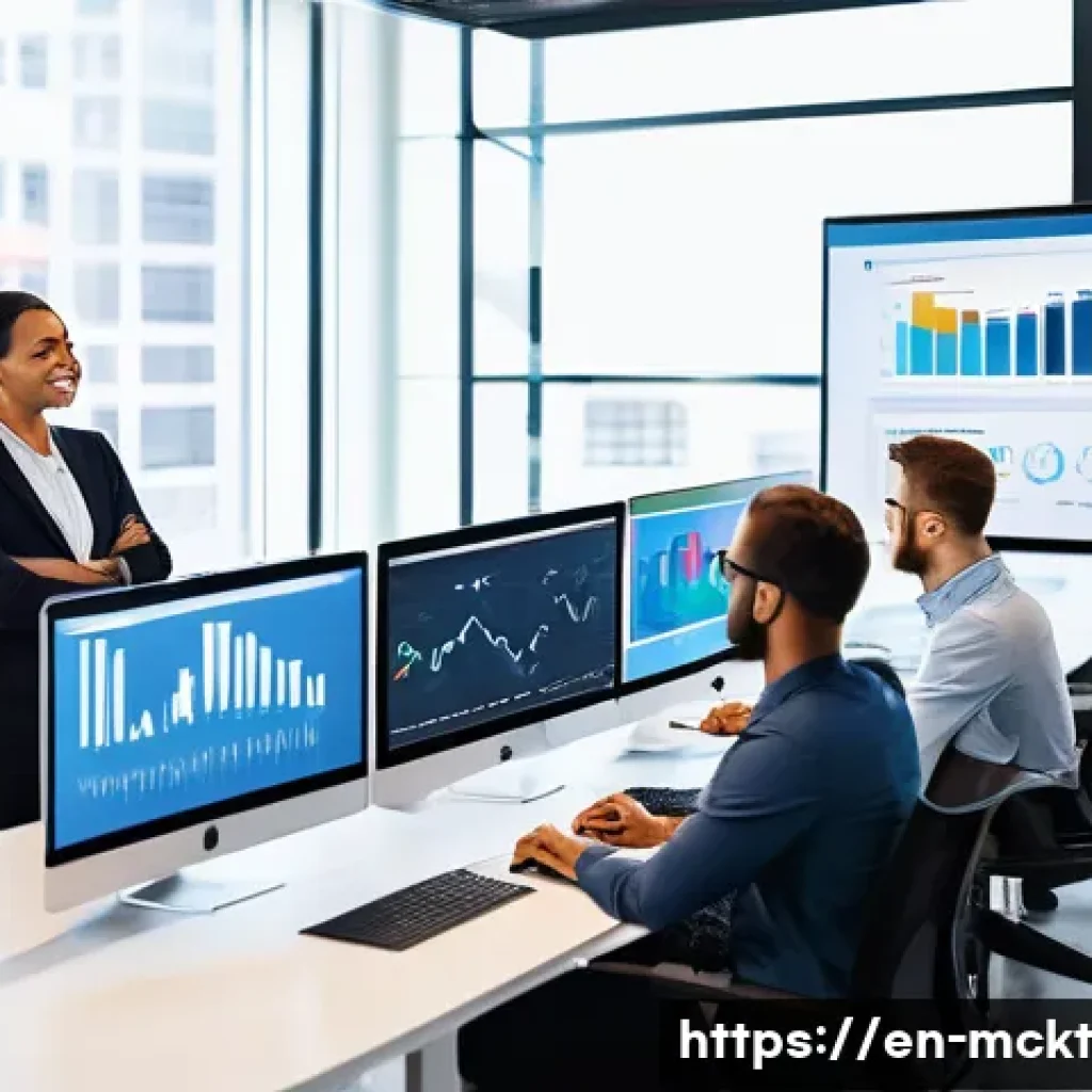 이메일 캠페인 자동화를 위한 기술적 고려사항 - A modern office scene showcasing a diverse marketing team collaborating on email automation strategy...