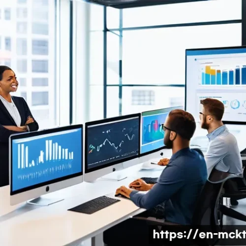 이메일 캠페인 자동화를 위한 기술적 고려사항 - A modern office scene showcasing a diverse marketing team collaborating on email automation strategy...