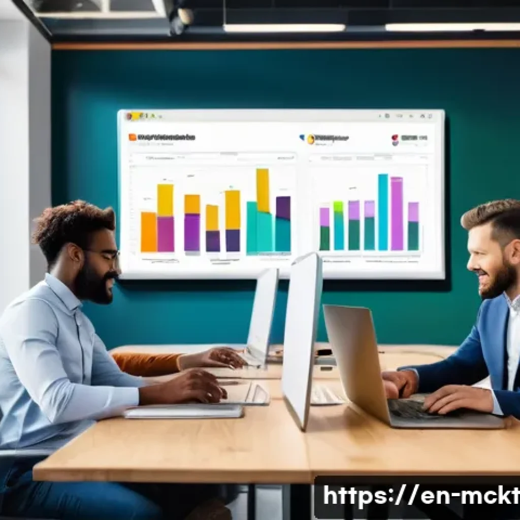 이메일 마케팅 자동화에서의 고객 세분화 기법 - A modern office setting showing a diverse marketing team analyzing digital dashboards filled with co...