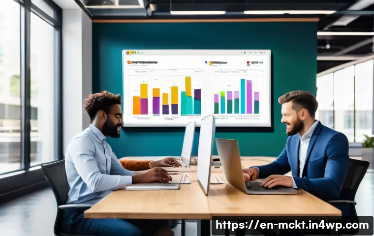 이메일 마케팅 자동화에서의 고객 세분화 기법 - A modern office setting showing a diverse marketing team analyzing digital dashboards filled with co...