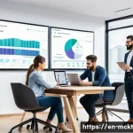 Home 22 이메일 마케팅 자동화의 기초 개념 - A modern digital marketing workspace showing a diverse team of professionals collaborating around a ...
