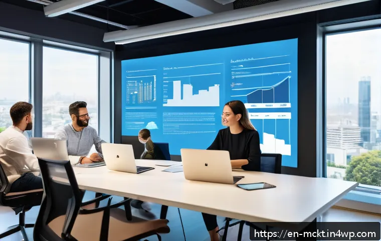 이메일 자동화로 고객 충성도 증대시키기 - A modern office workspace featuring a diverse marketing team collaborating around a large digital sc...
