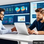 Home 19 이메일 마케팅 자동화의 경제적 이점 - A modern office workspace featuring a diverse marketing team collaborating around a large screen dis...
