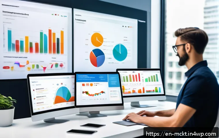 이메일 마케팅 자동화 성과 분석 방법 - A modern digital marketing office environment showcasing a large transparent screen displaying color...